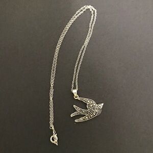 Silver-tone Swallow Bird Pendant Necklace with Marcasite Gemstones